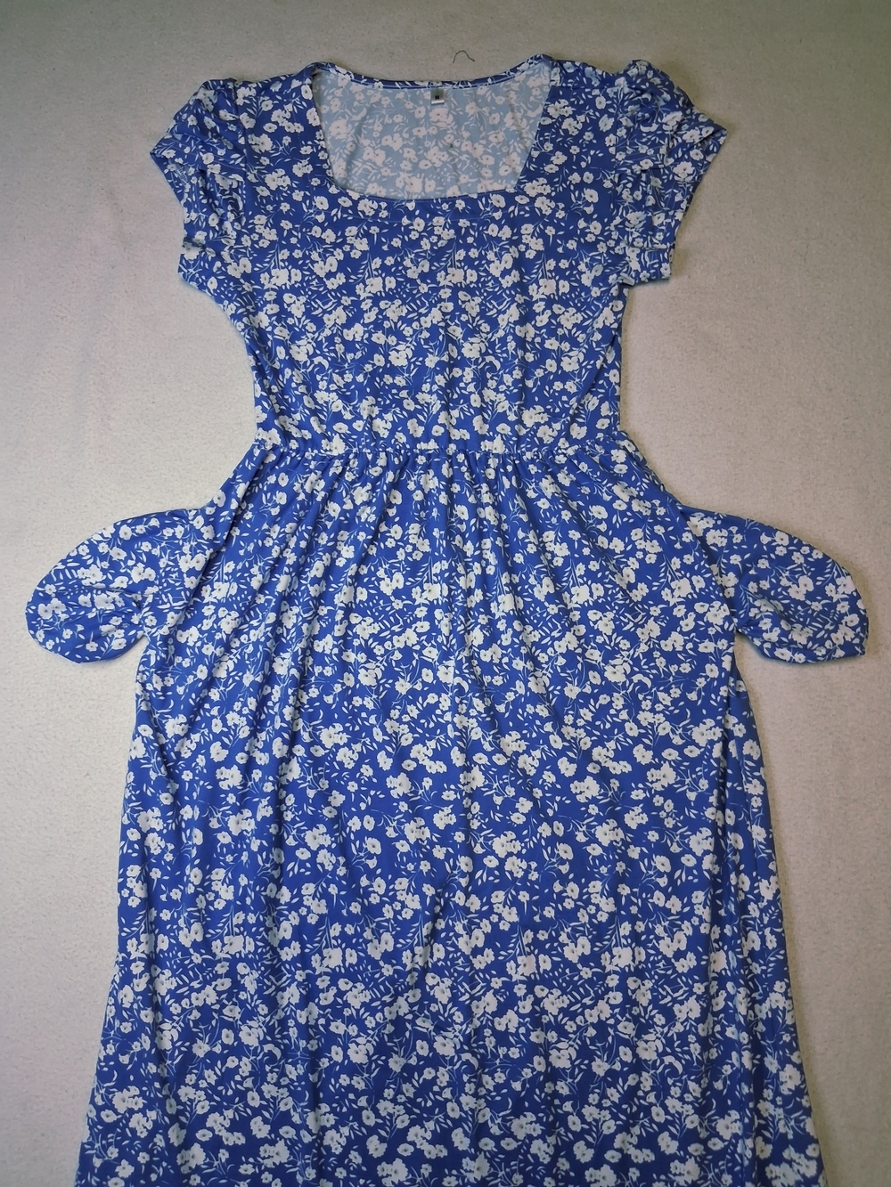 Blue Floral Maxi Dress with White Print And Pockets - Picture 2 of 8
